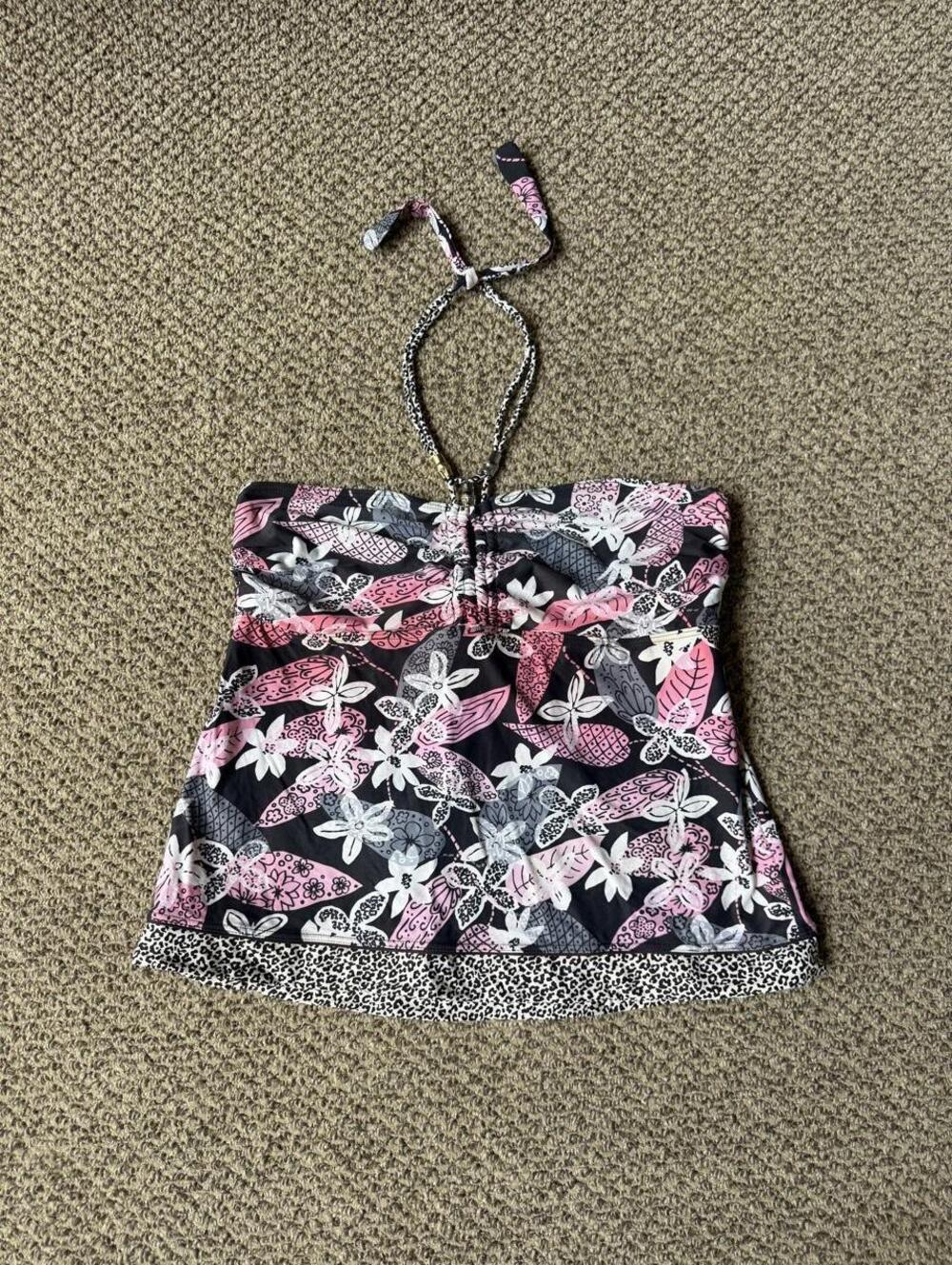 y2k Coco Reef halter top with pink, white, and gray floral design